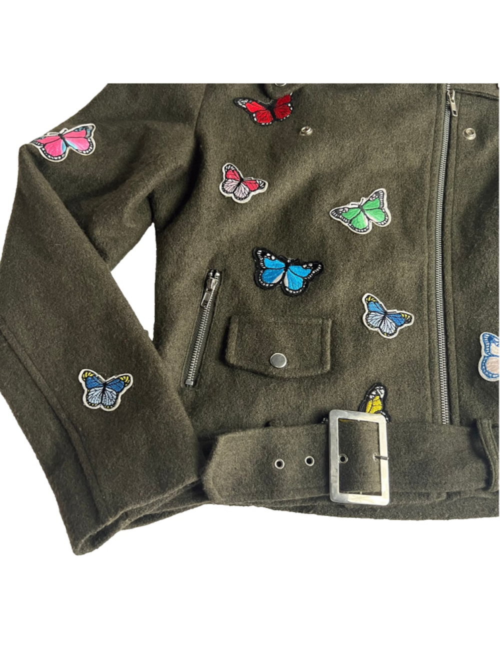 Signature Eight Butterfly Embroidered Moto Jacket Olive Green Wool Blend Biker L - Picture 3 of 10